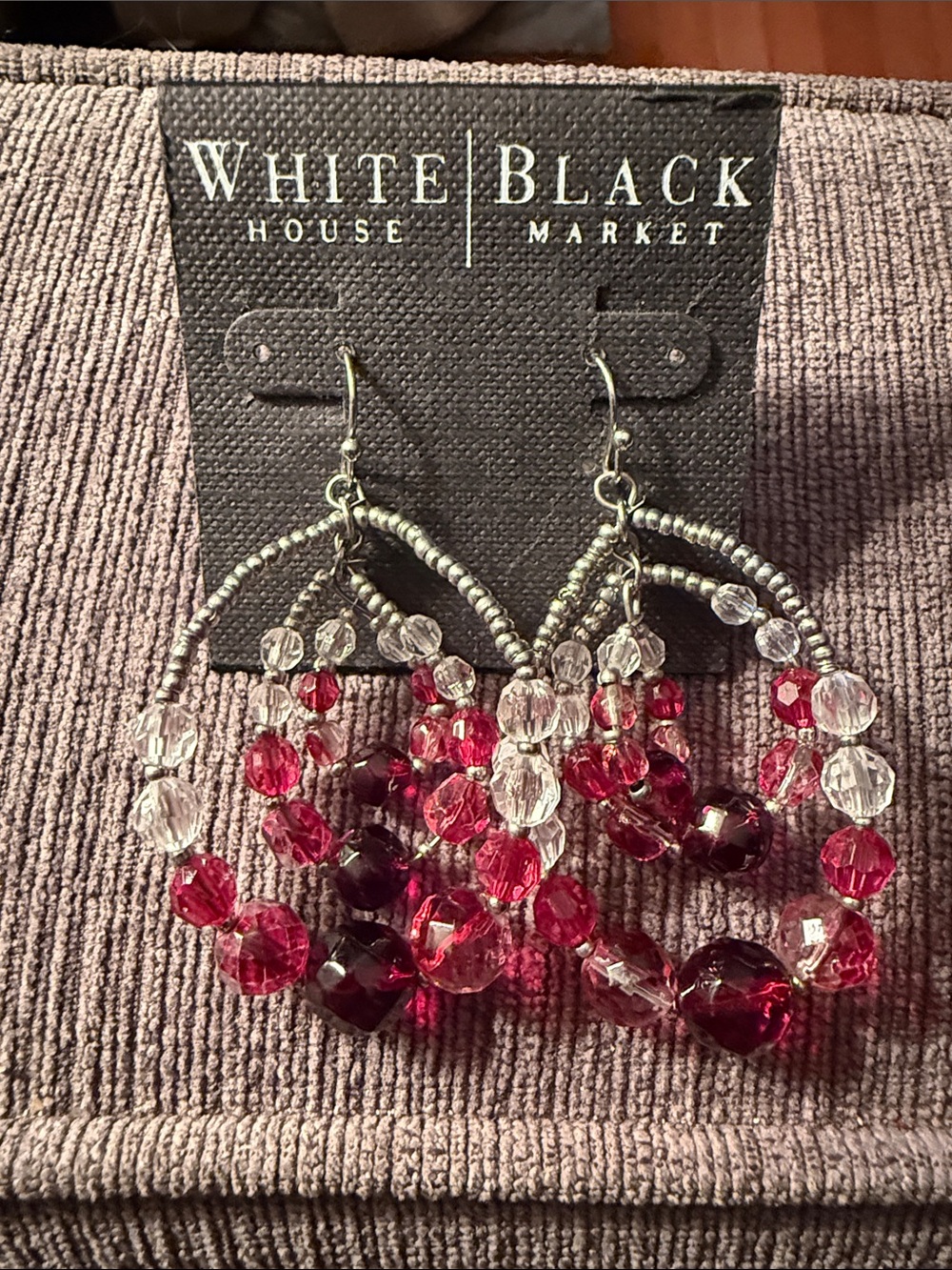 White House Black Market Ruby Red and Clear Beaded Hoop Earrings